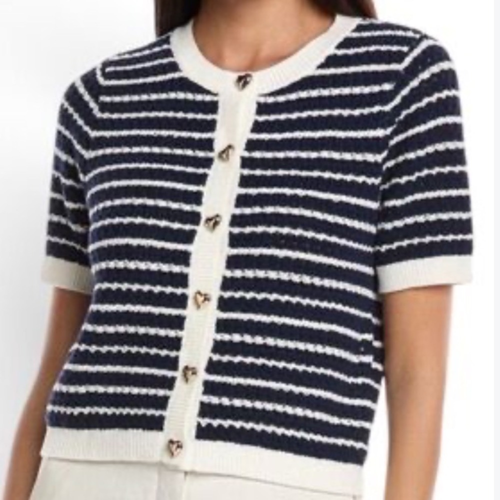 Nanette Lepore Womens Navy Blue White Striped Scallop Knit Cardigan Sweater M